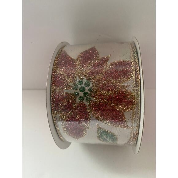 9 Feet 2.5” Red Gold Glitter Poinsettia Wired Christmas Ribbon for Gifts Crafts - Picture 5 of 8